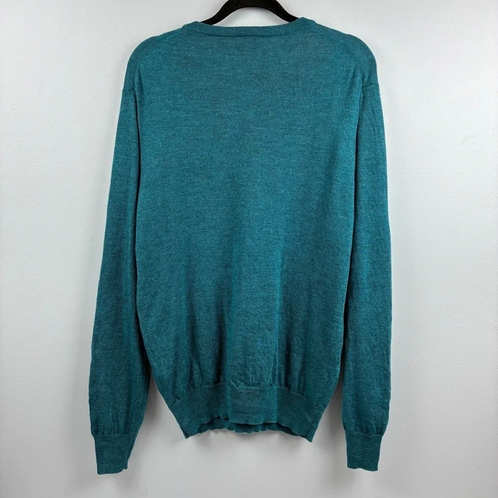 Jos A Bank Mens V-Neck Sweater L Merino Wool Teal Blue Green Traveler Collection